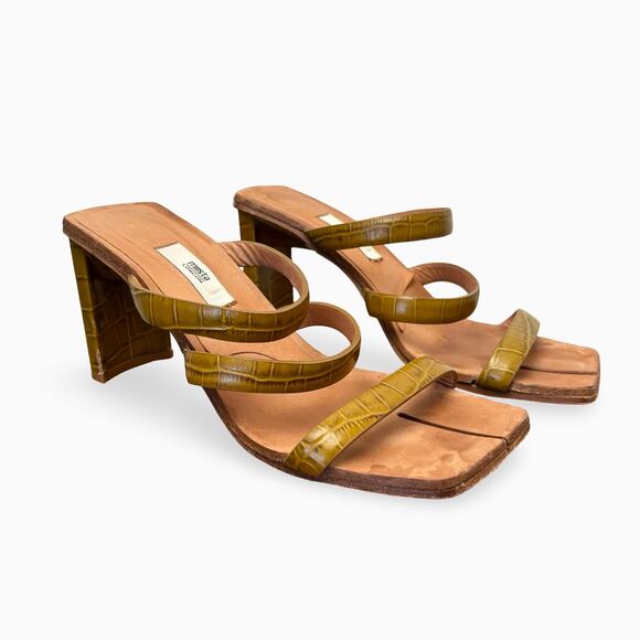 Miista Croc Embossed Olive Green Strappy Split Square Toe Heels Size 38 - Picture 1 of 9